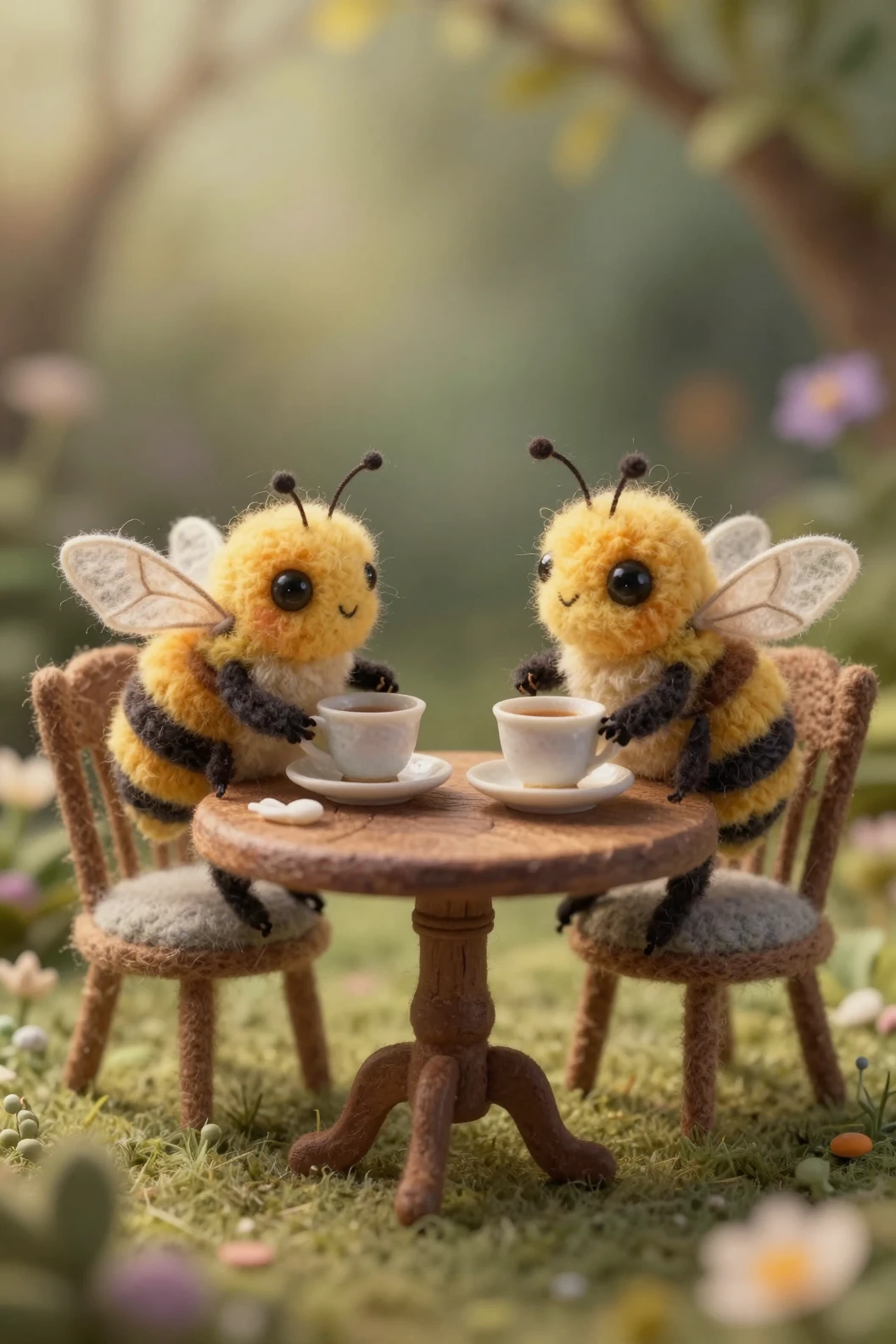 Two felted bees share afternoon tea in a garden
