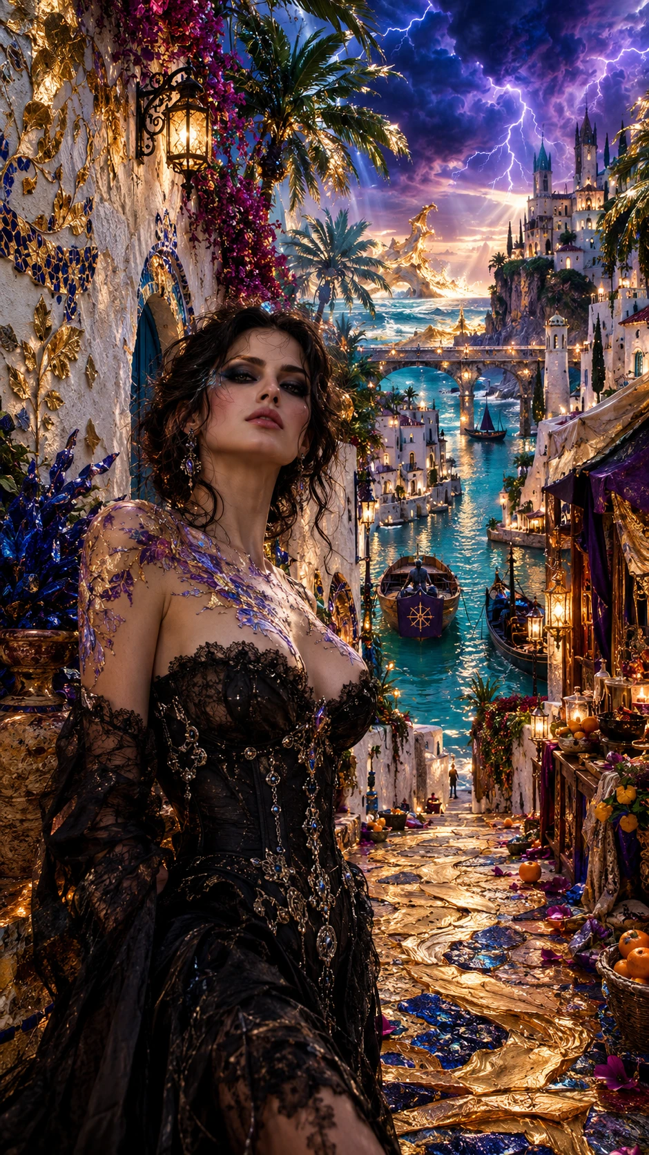 Una donna si trova in un surreale vicolo mediterraneo di cera e pietra