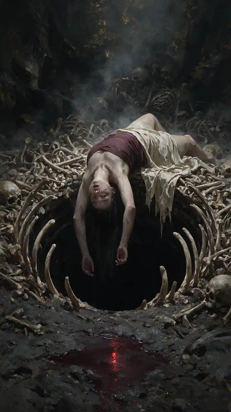 骨の祠にある黒い穴の上に横たわる女性