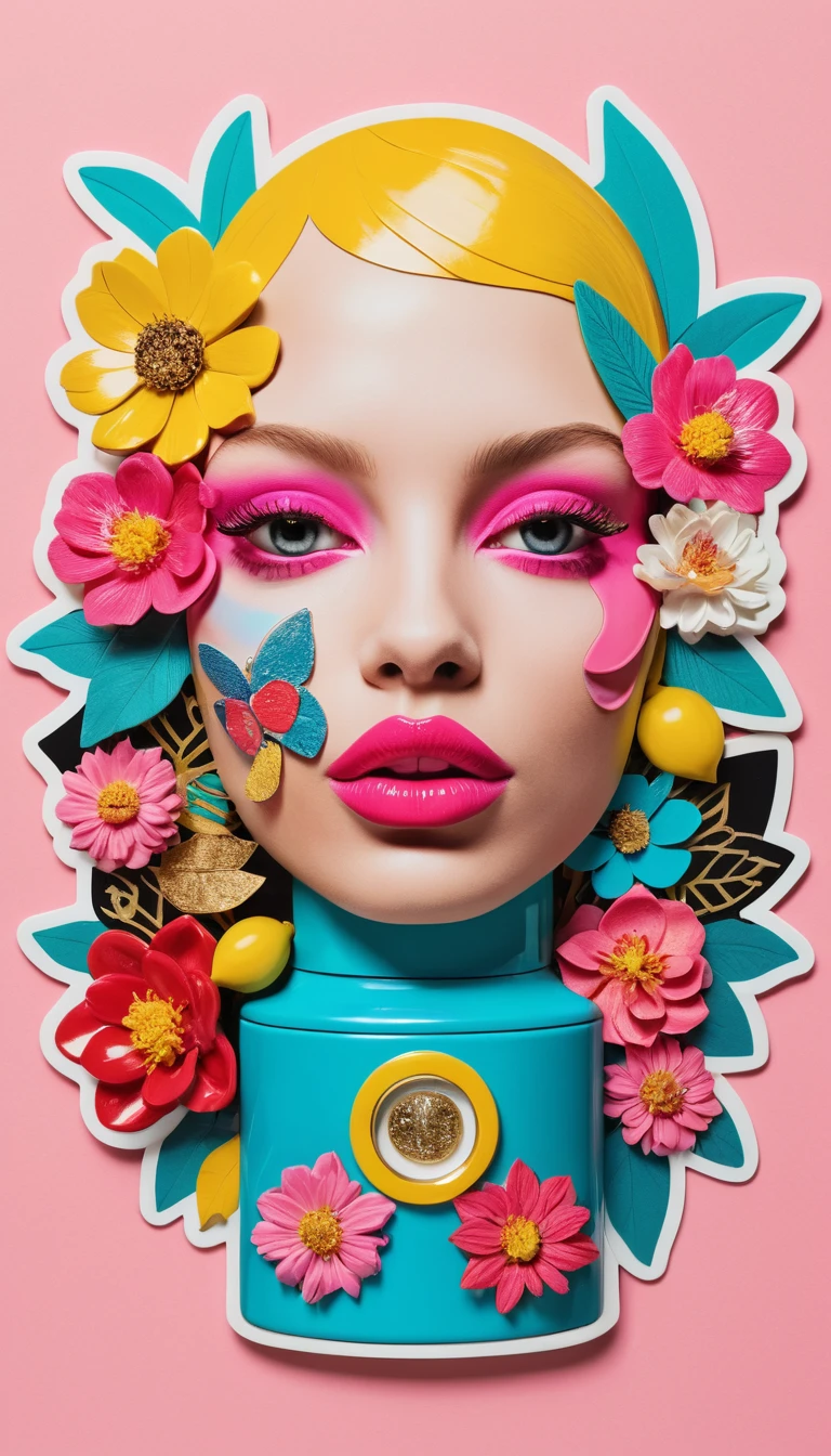 Collage pop art con labbra rosa oversize accanto a un sole illustrato dall’atmosfera sognante