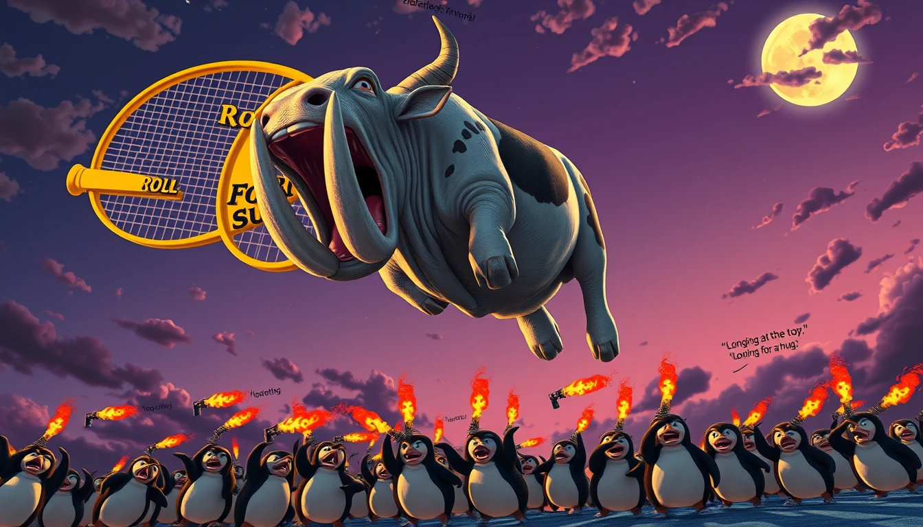 A bewildered cow soars through a twilight sky, propelled by a giant yellow tennis racket