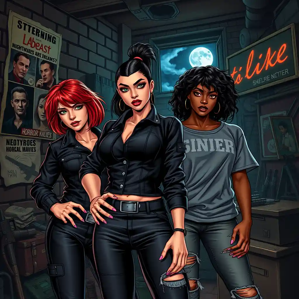 Three Defiant Women Gather In A Shadowy Warehouse Hideout