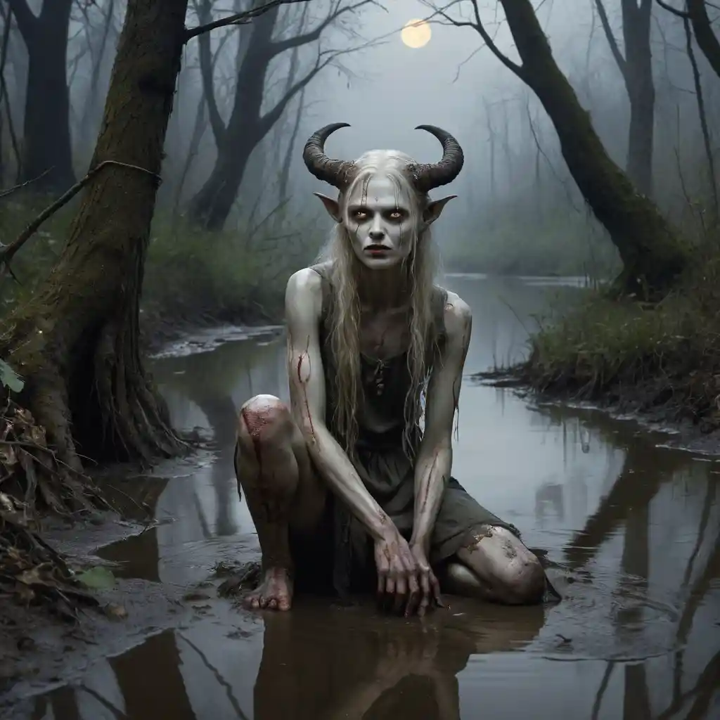 A river spirit and ghoul meet beneath a red moon