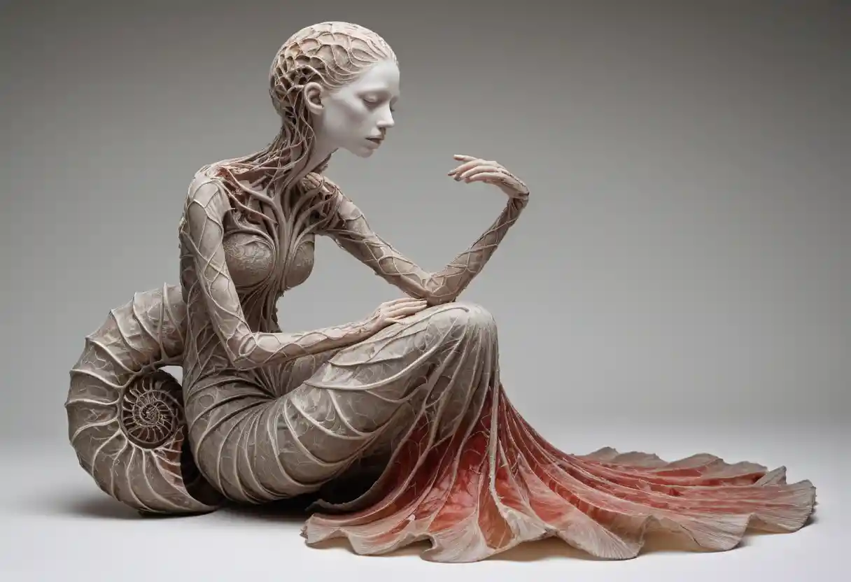 A surreal woman sits with a fossil shell amid hanging tendrils