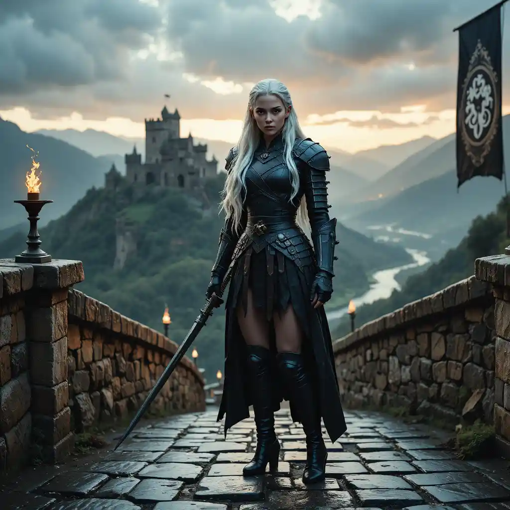 White-haired warrior woman stands on a castle's wet stone steps