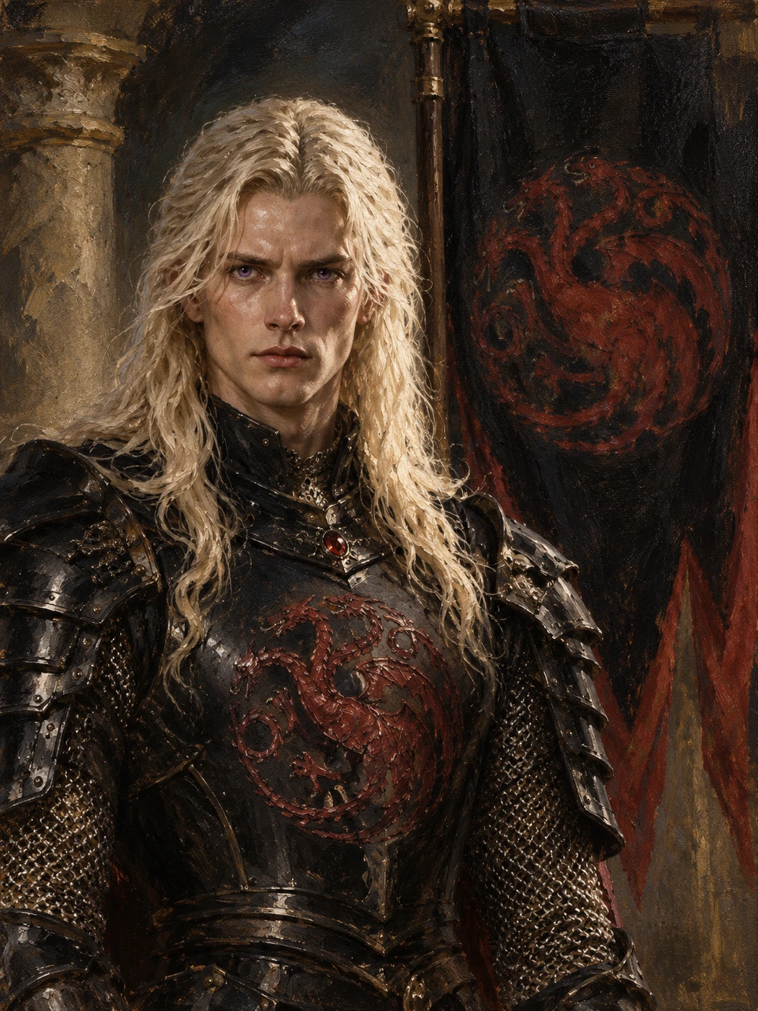 A Renaissance oil portrait of a young man in three headed dragon armor