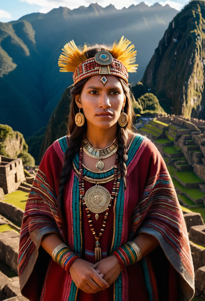 Sacerdotisa inca entre os antigos terraços de pedra de Machu Picchu ao nascer do sol