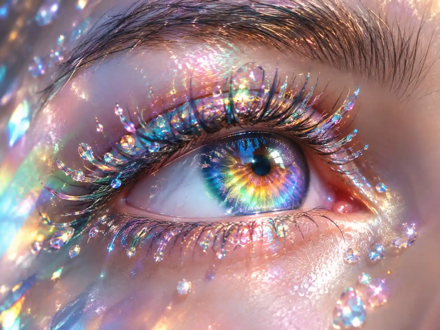 A rainbow iris glows beneath crystal droplets on delicate lashes