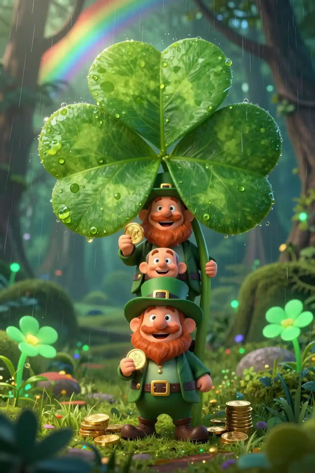 Three leprechauns shelter from rain behind a giant four-leaf clover
