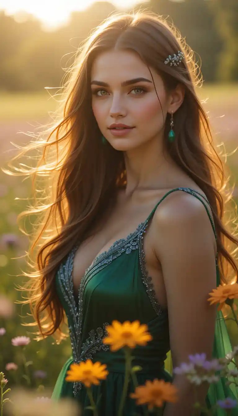 A sorceress stands in a wildflower meadow beneath the late afternoon sun