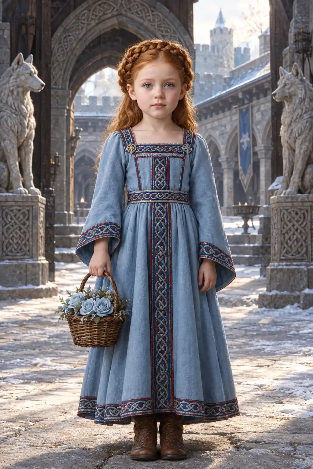 A curly red-haired girl holds flowers in a Renaissance portrait