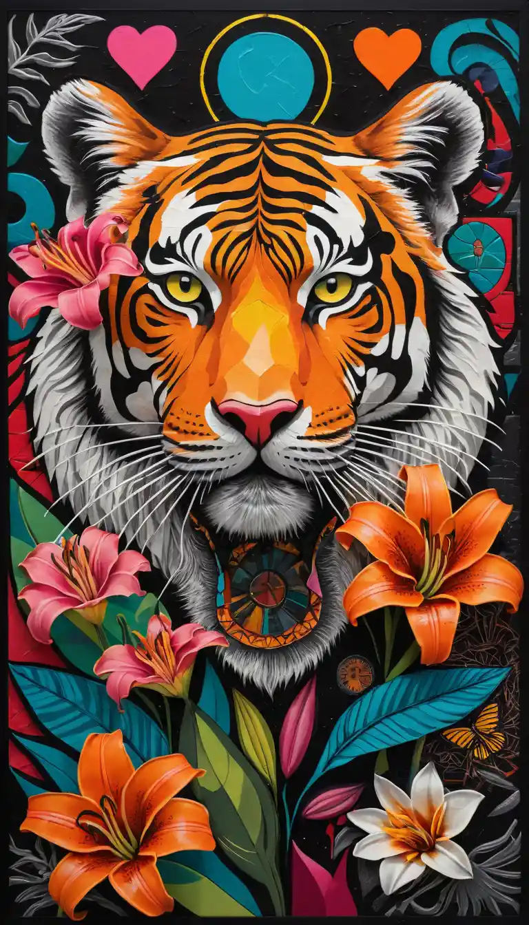 A Roaring Tiger Prowls Through a Vibrant Street Art Collage