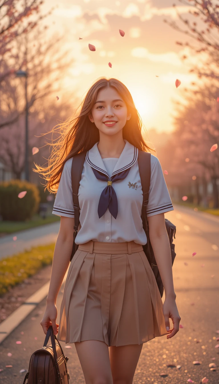 Una studentessa delle superiori torna a casa sotto i ciliegi in fiore al tramonto
