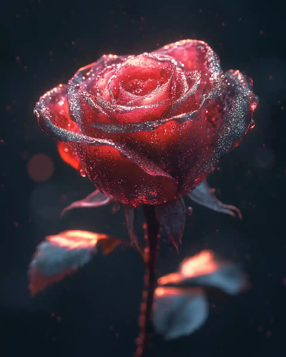Una rosa fotorrealista brilla sobre un fondo galáctico oscuro