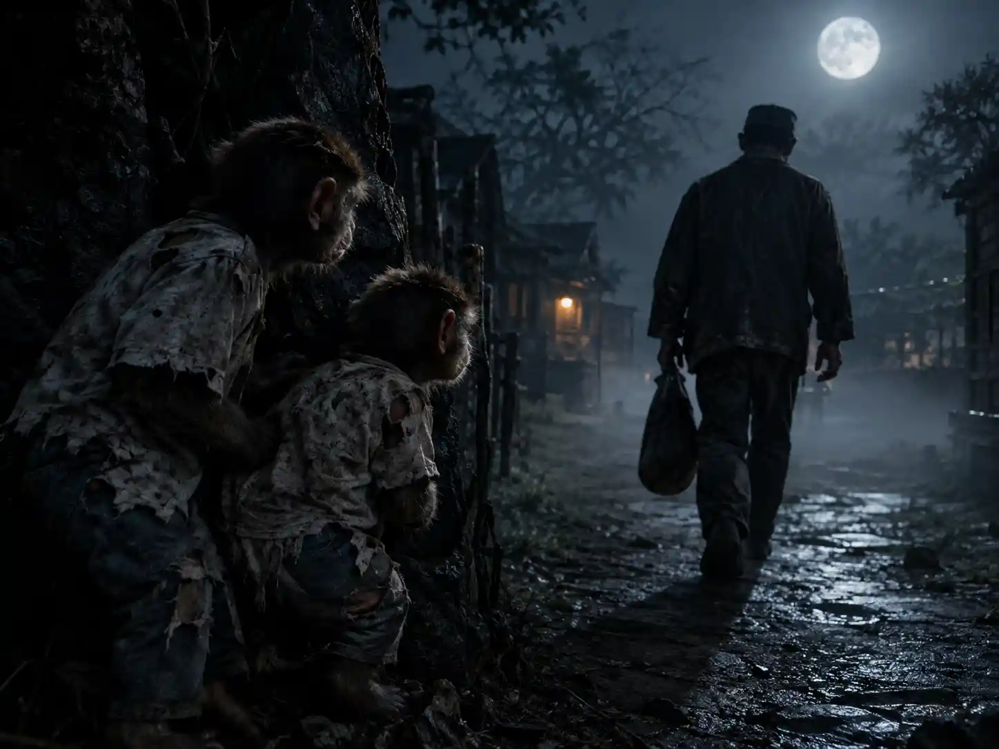 Two monkeys hide behind a walking man on a midnight village road