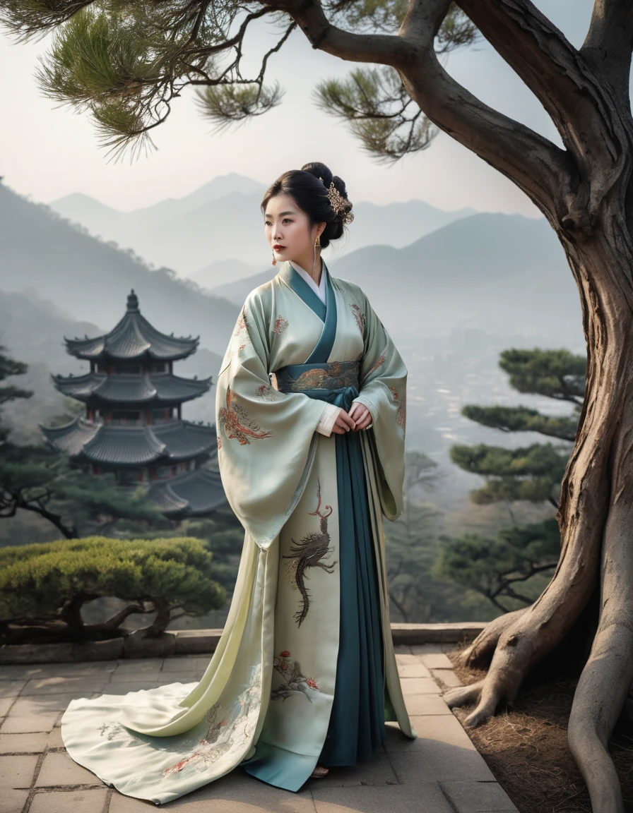 Young chinese noblewoman stands beneath a pine amid mountain mist