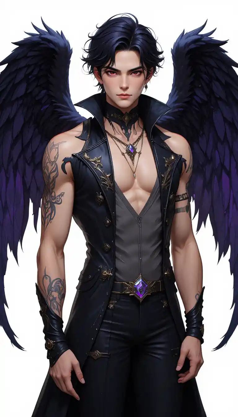 Anime fallen angel with black wings and crimson eyes