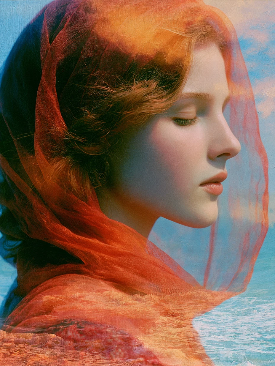 Un retrato de belleza surrealista frente a un paisaje marino suavemente brumoso