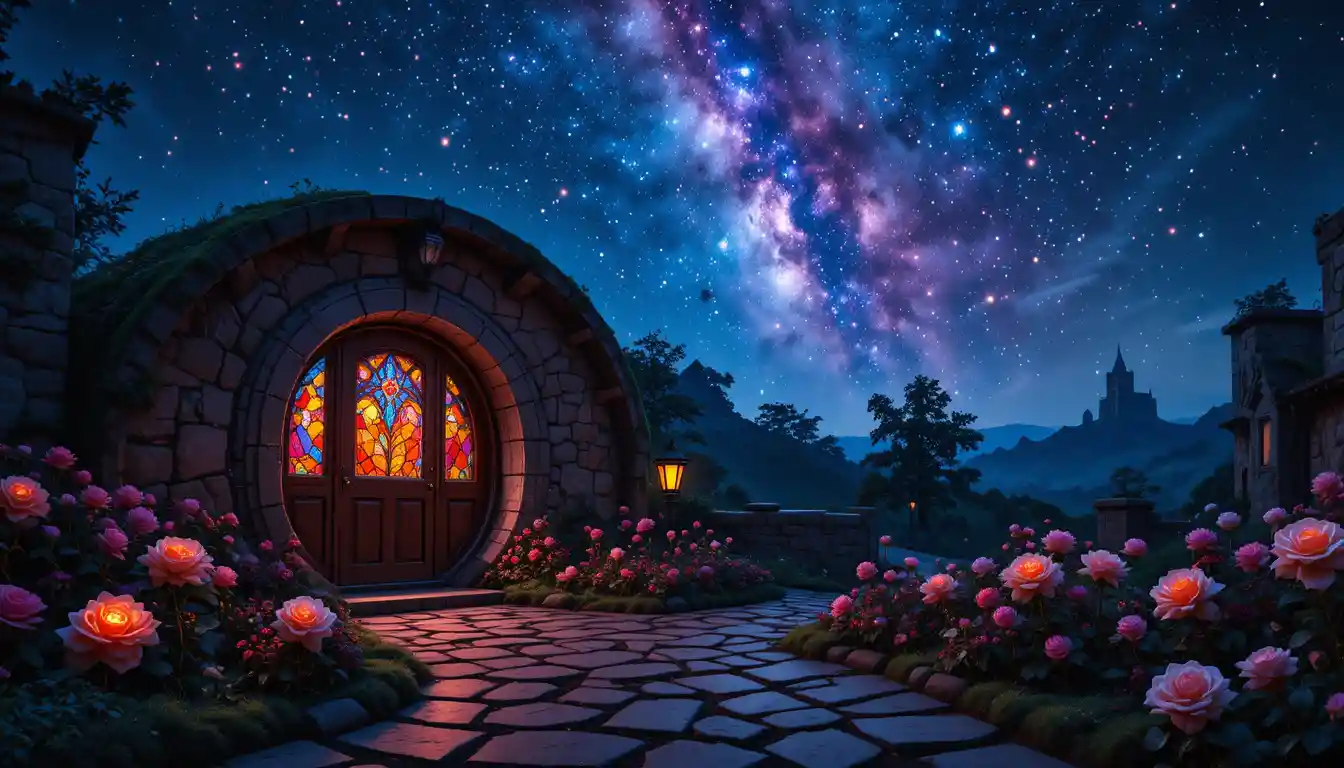 A cozy hobbit dwelling beneath a starry Milky Way canopy