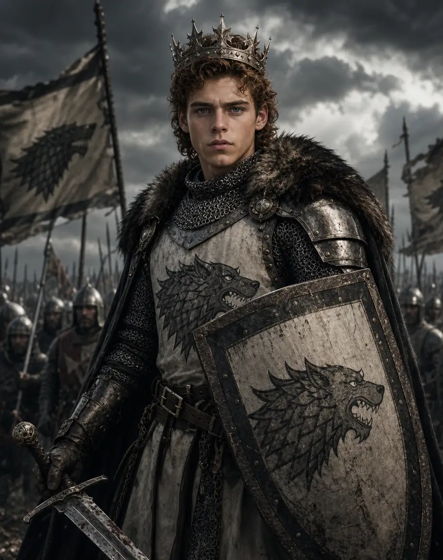Un joven rey armado ante un campo de batalla medieval bajo un cielo nublado