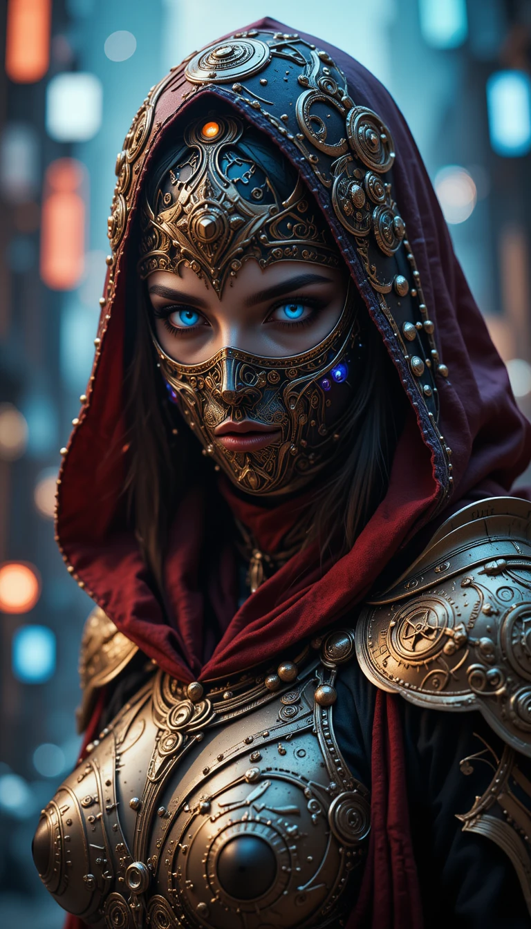 A futuristic warrior woman wears an ornate steampunk mask and hood
