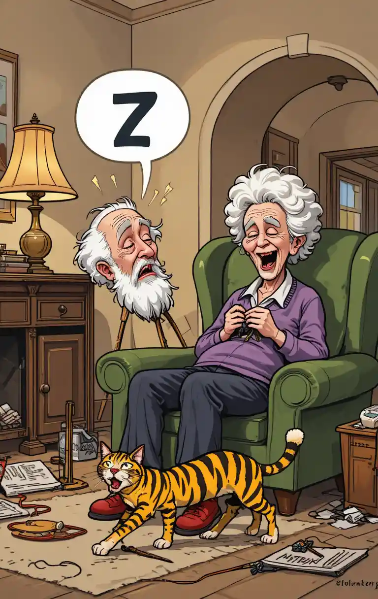 A mischievous cat bites a sleeping man’s foot in the living room