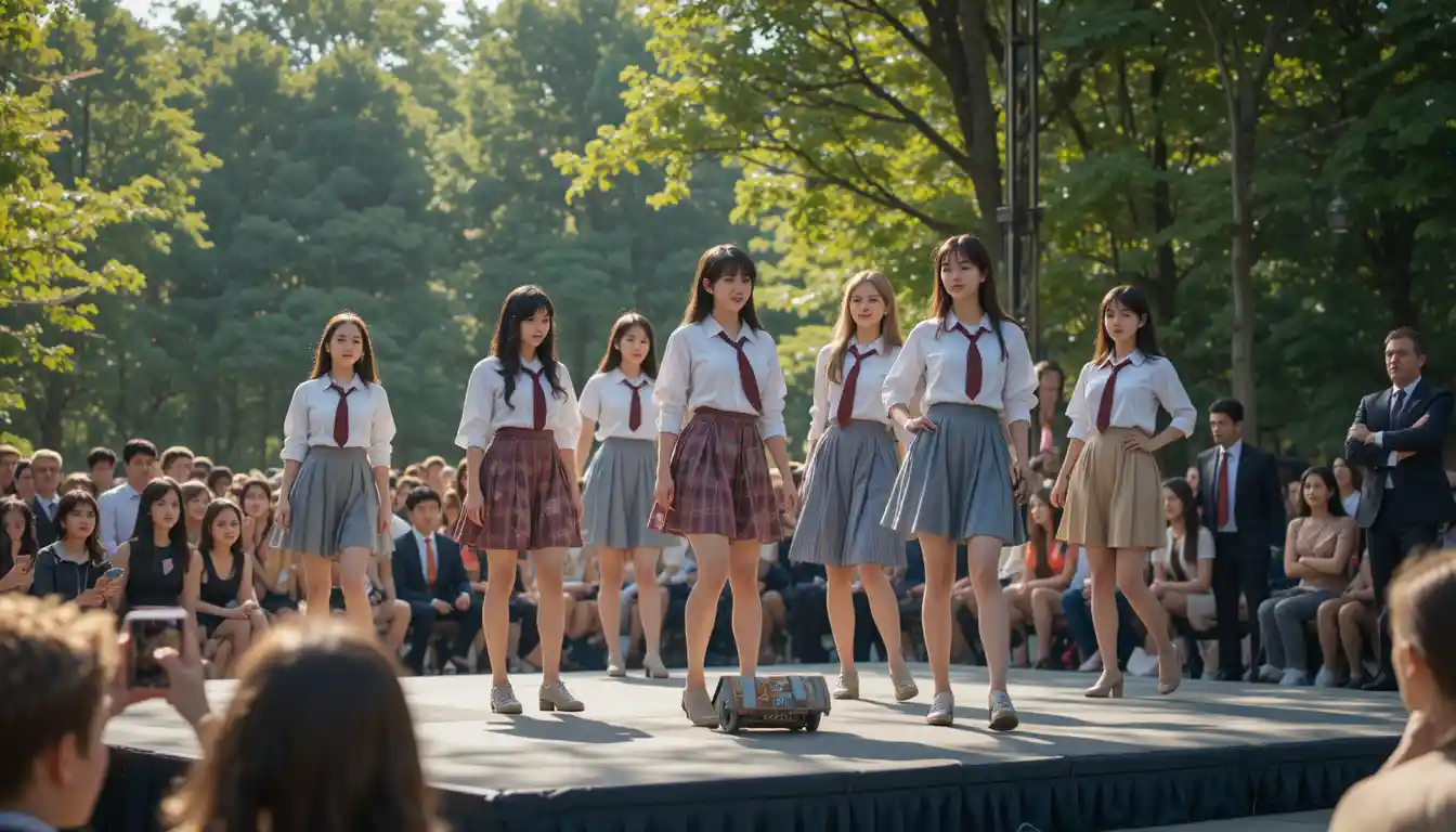 公園のステージで服装規定を風刺した衣装を披露する10代の少女たち
