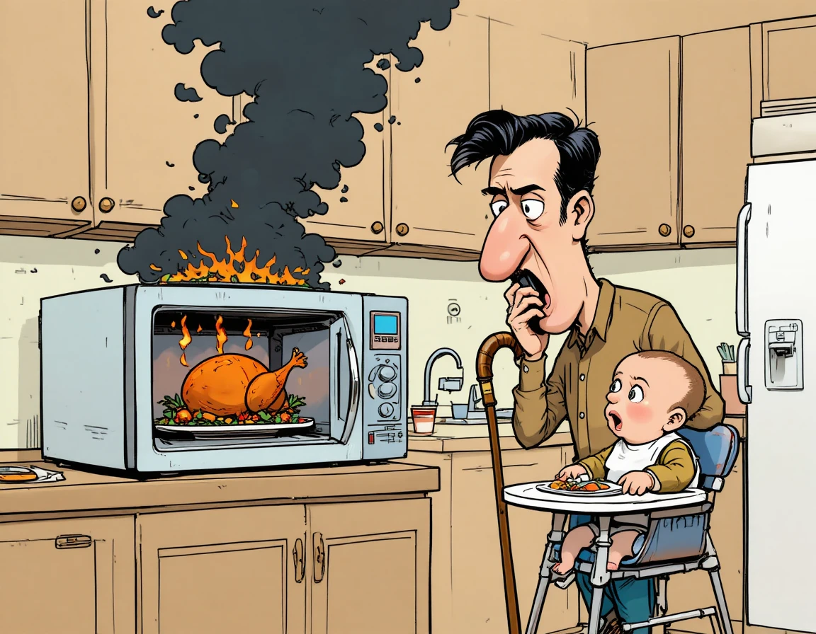 A concerned man faces a smoking microwave in a chaotic kitchen