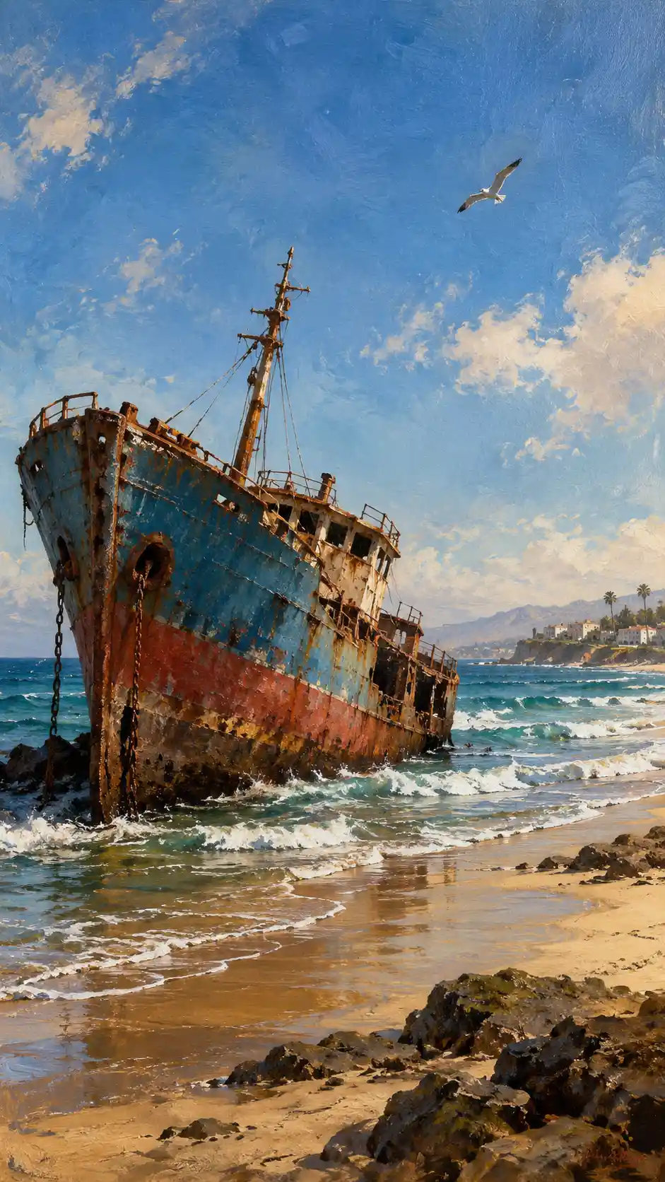 A rusted shipwreck rests along a sandy beach beside gentle ocean waves
