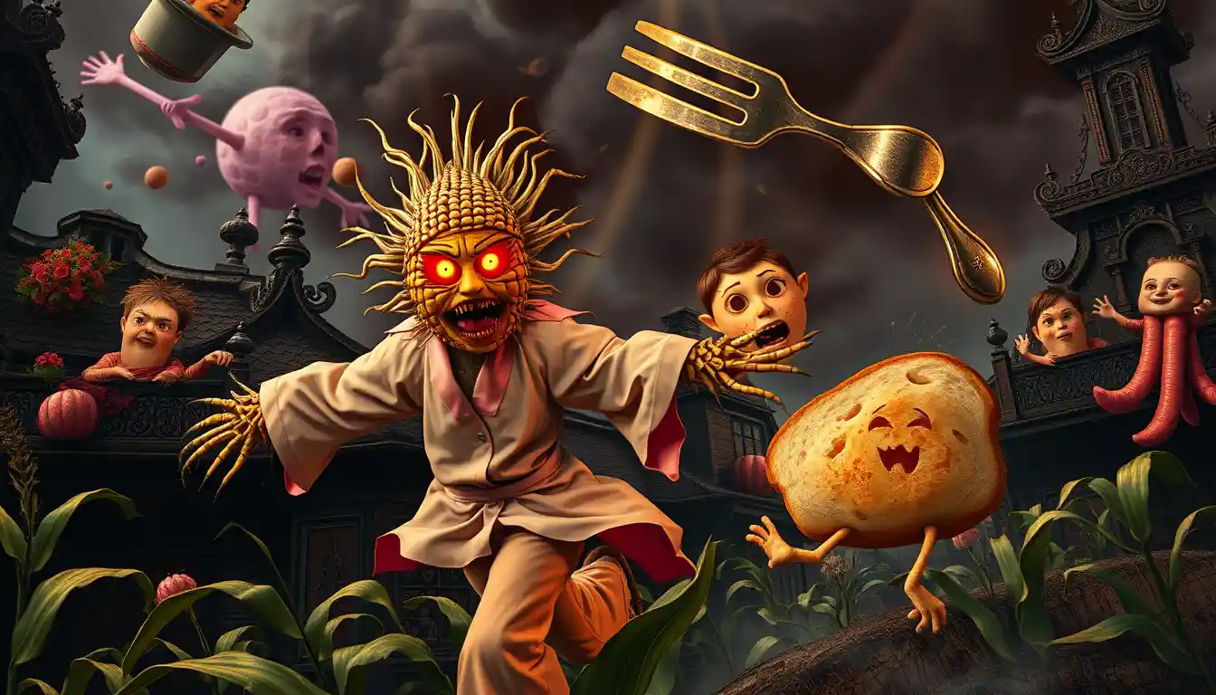 A mutant corn stalk chases a panicked Korean scarecrow
