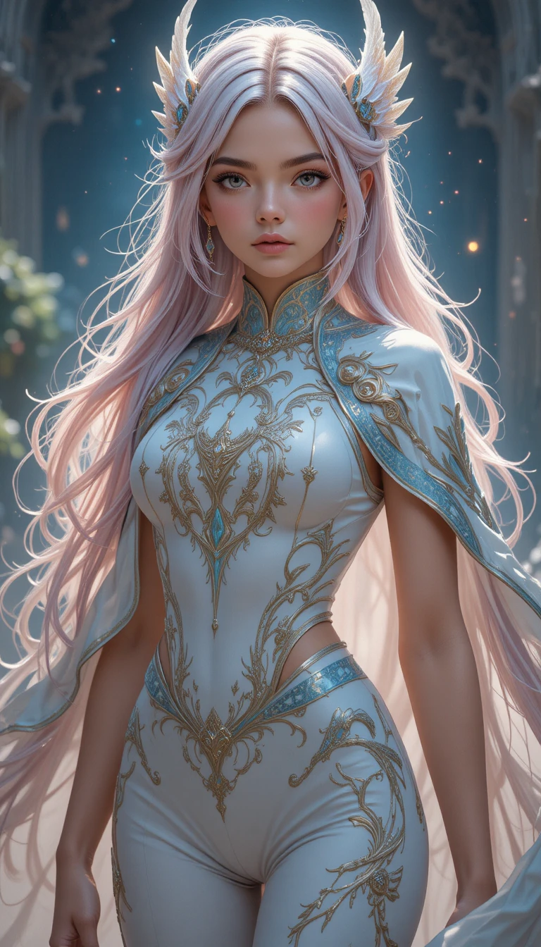 Una joven de estilo anime con el pelo rosa casi blanco y una túnica turquesa
