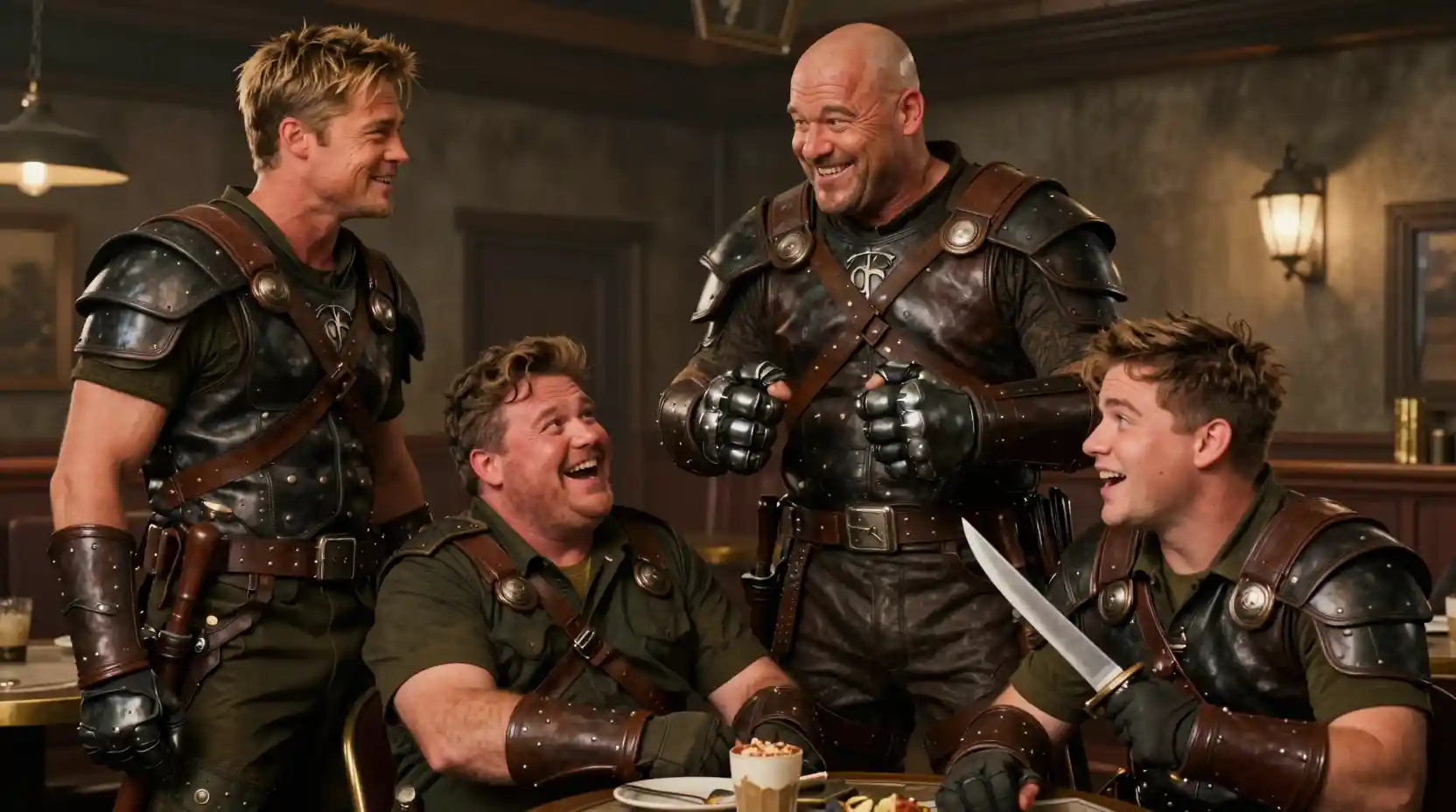 A bald warrior teases three soldiers in a rugged military lounge