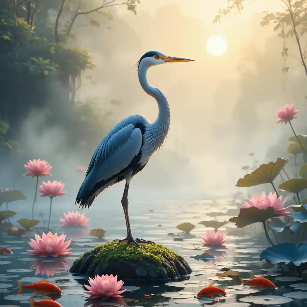 A heron standing beside lotus flowers in a misty pond at sunrise