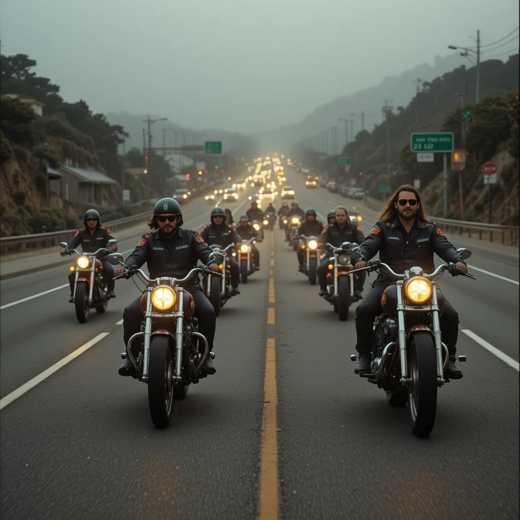 Motociclisti lasciano le strade nebbiose della California prima di un giro per il Labor Day