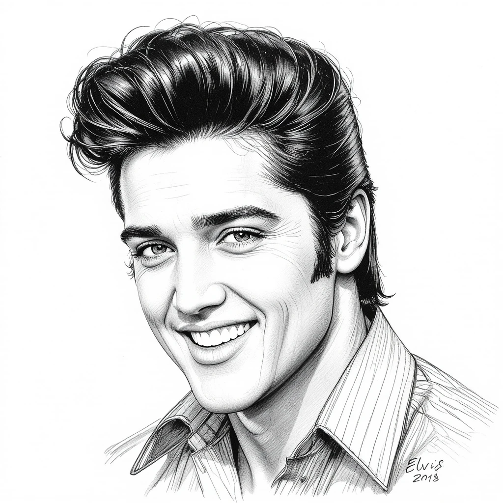 A Young Elvis Presley Smiles In A Detailed Pencil Portrait
