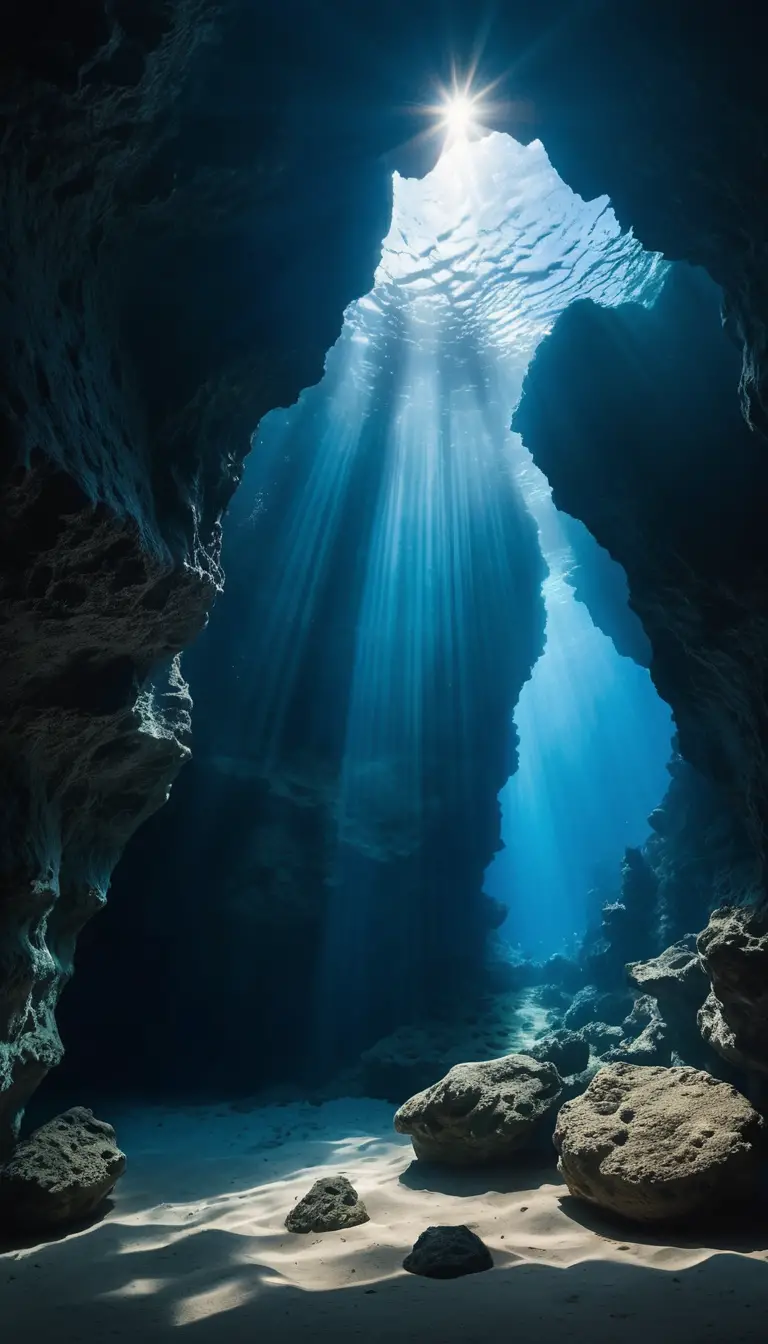 Sunbeams pierce a deep blue ocean cave beneath a rocky ceiling