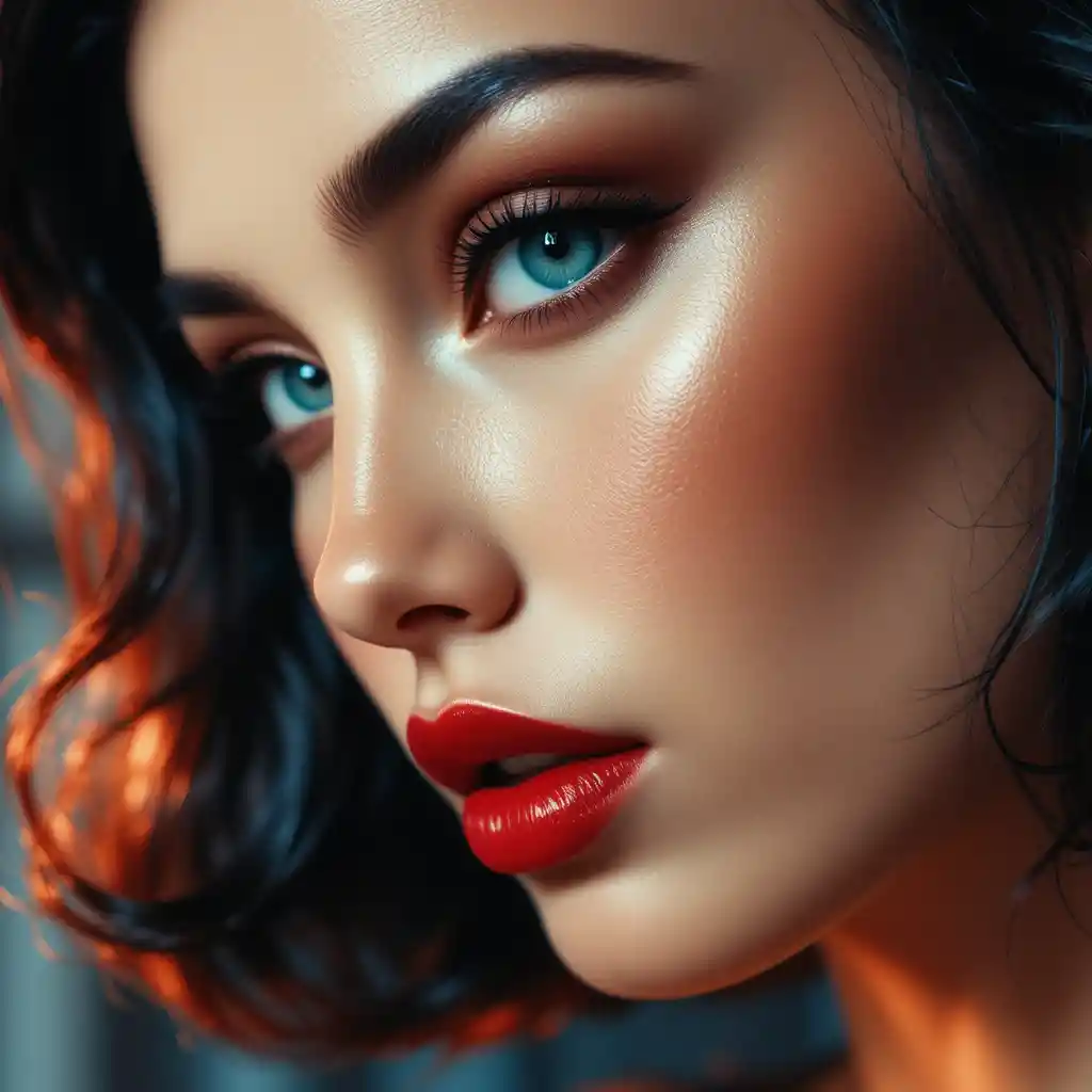 A pop art portrait highlights a cyan eye and vivid red lips