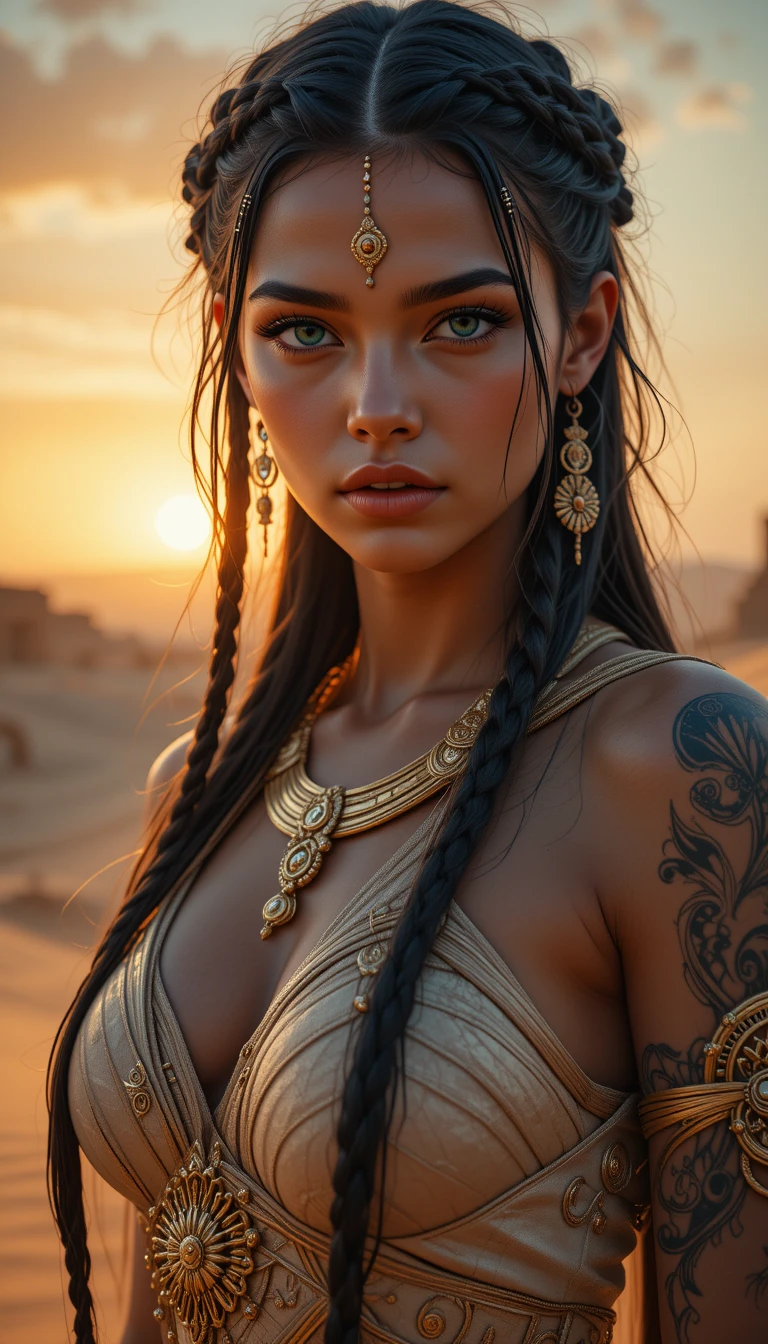 A fierce woman stands at sunrise on a high sand dune