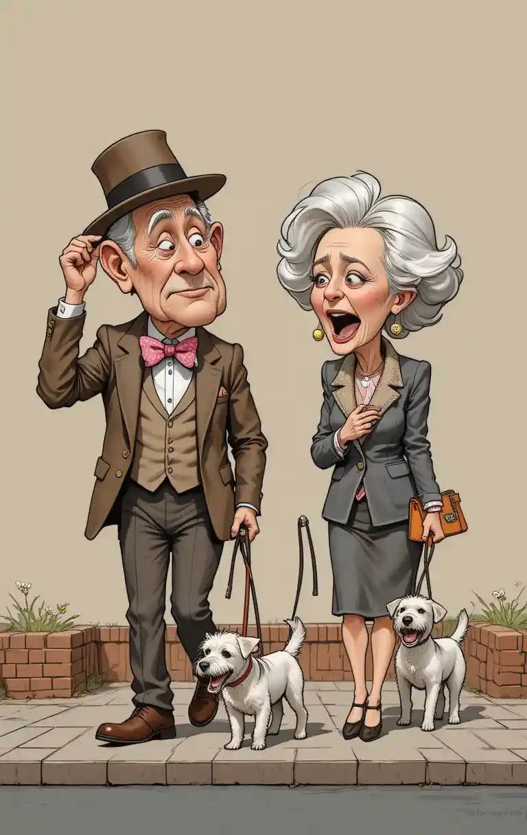 A caricatured elderly couple walks their terriers along a sidewalk