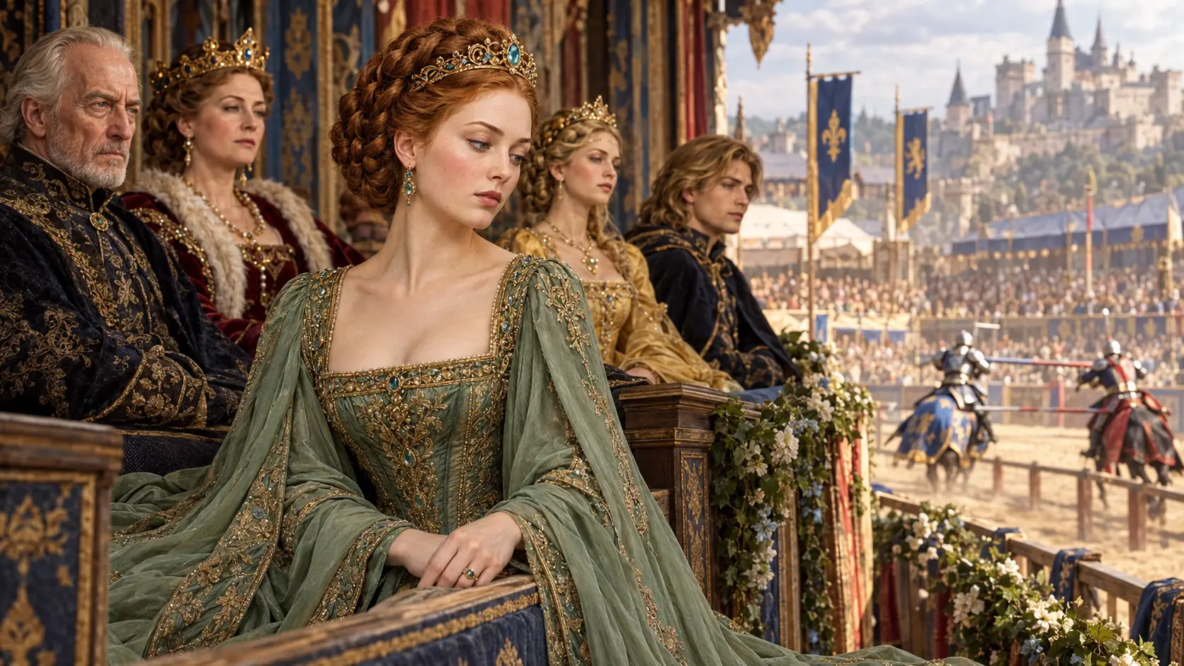 A Woman In A Flowing Gown Watches A Medieval Jousting Tournament