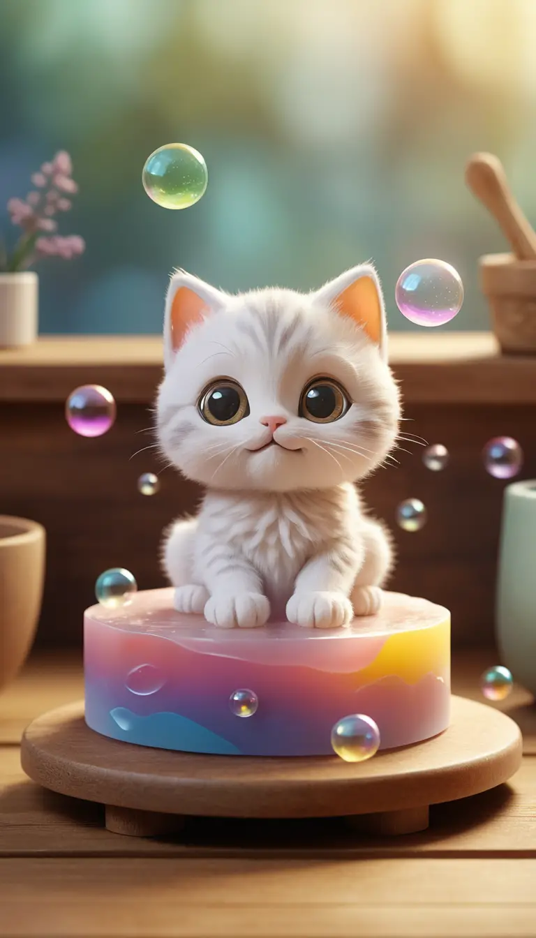 Tiny Kitten Shaped Bubbles Sit and Glide Across a Giant Soap Bar