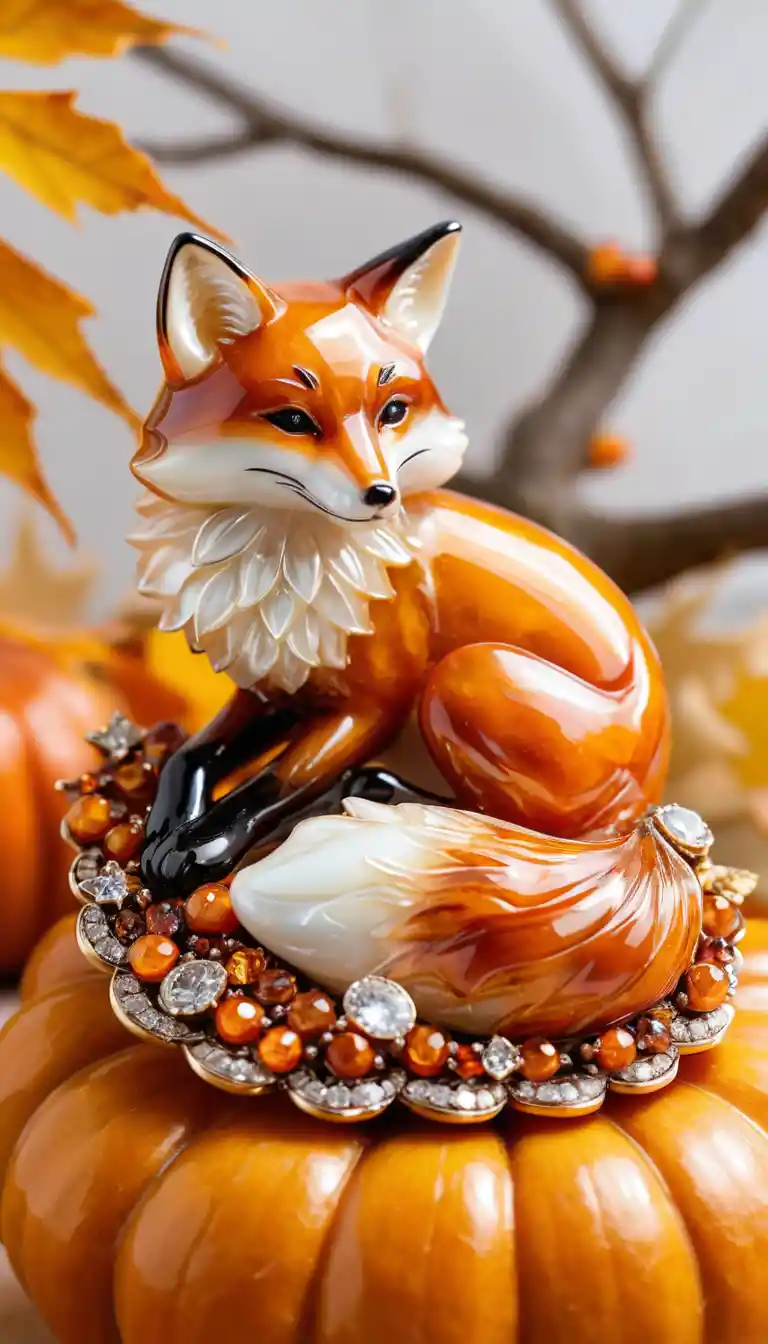 A jeweled fox sleeps atop a pumpkin in an ornate brooch