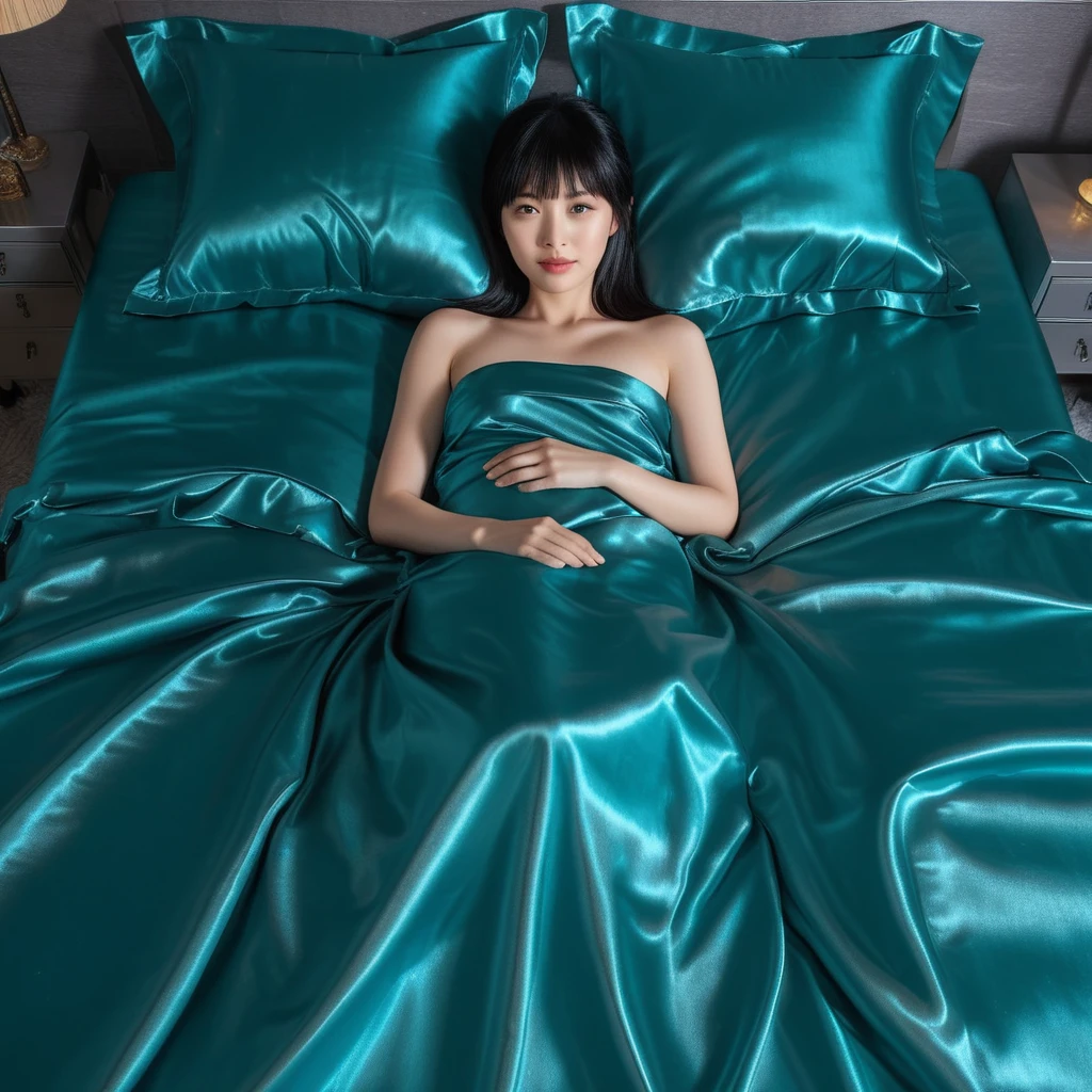A Japanese woman lies on glossy satin bed sheets