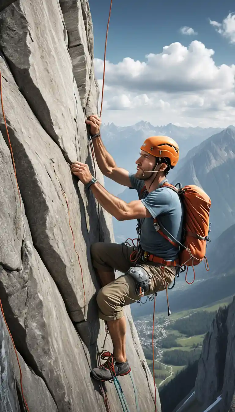 A roped alpinist climbs a steep rock face above distant mountain peaks