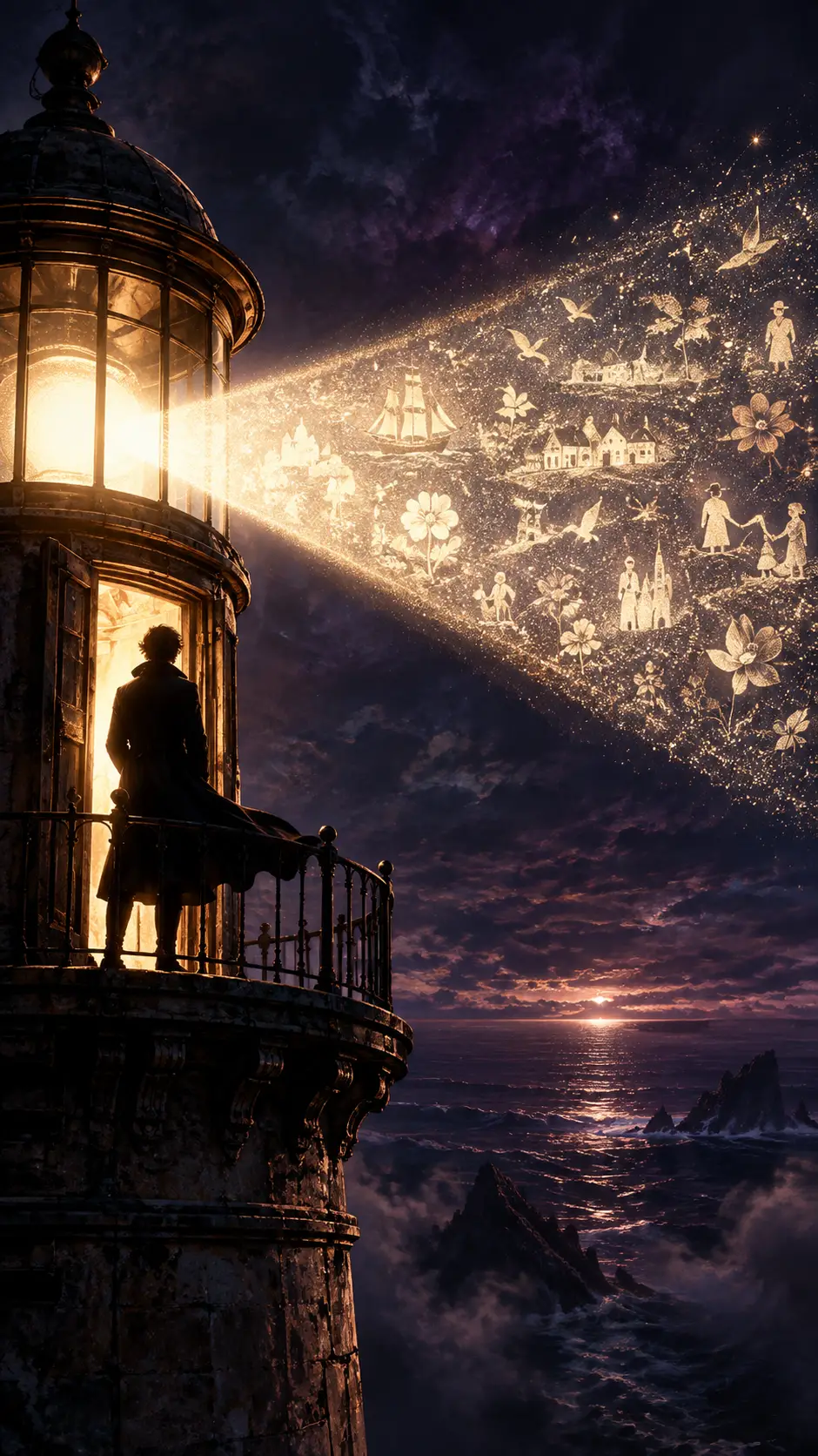 A lone figure stands in a lighthouse doorway above an impossible ocean