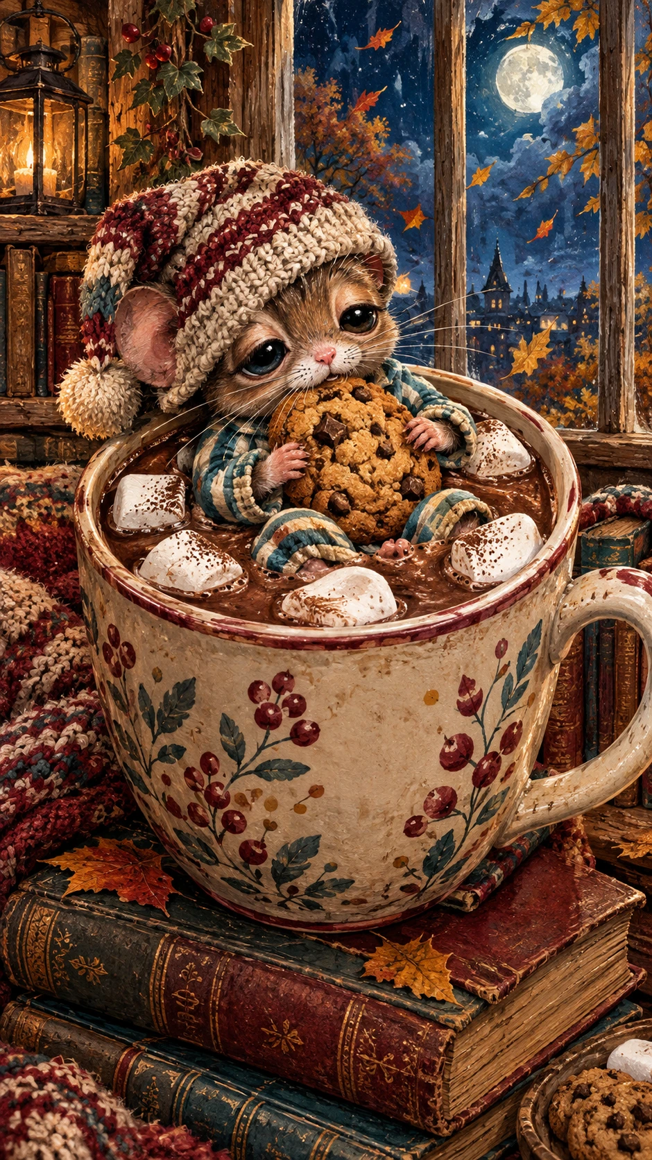 A Sleepy Mouse Soaks in a Giant Mug of Hot Chocolate