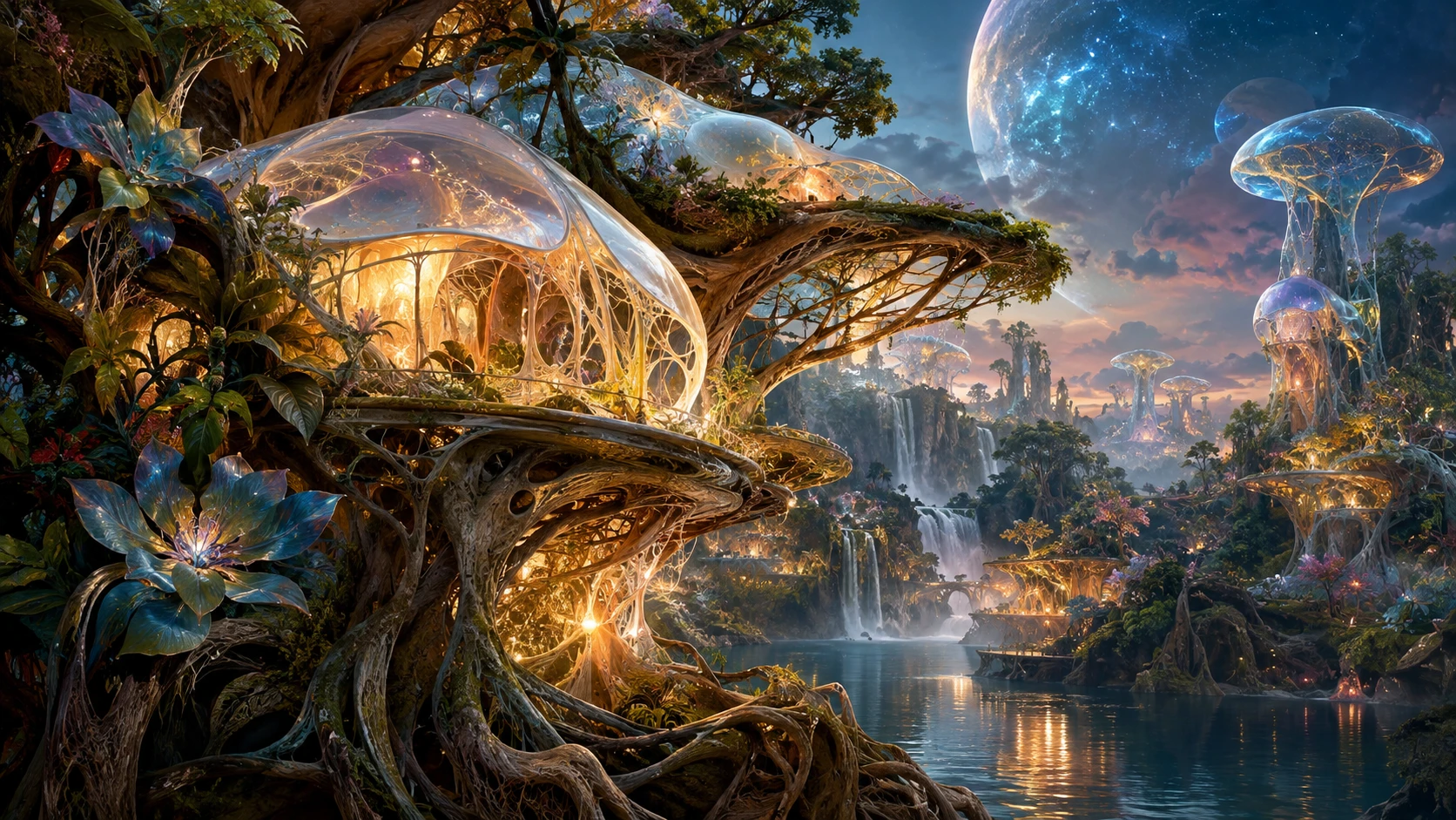 Surreal Botanical Architecture with Exposed Roots and Luminous Vascular Networks
