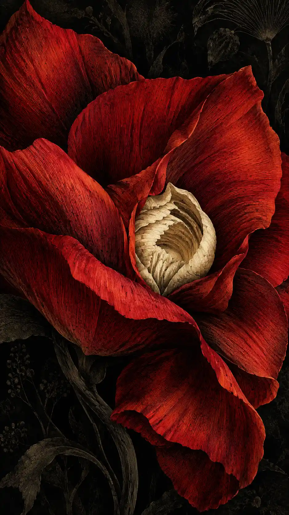 A sculptural crimson flower framed by intricate engraved lines
