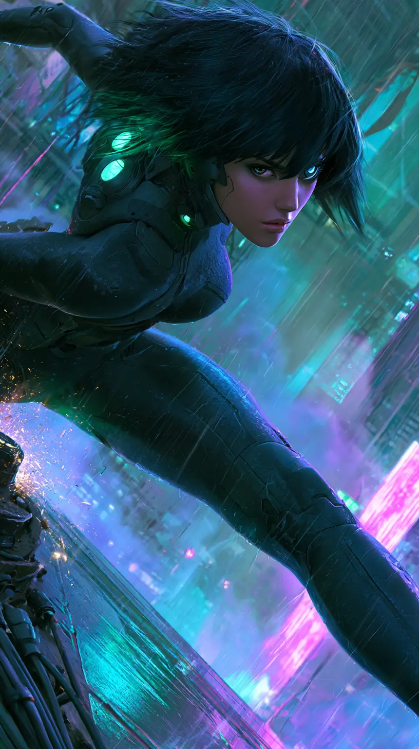 A cybernetic woman performs an acrobatic move on a neon rooftop at night