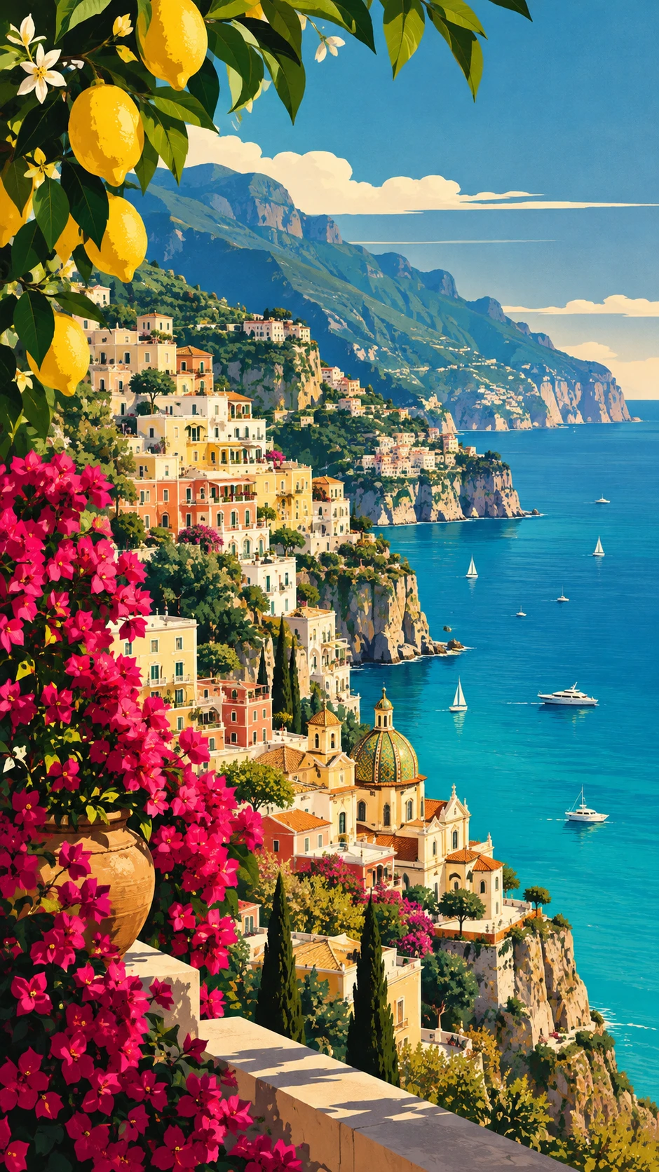Amalfi Coast villages cascade toward the turquoise Mediterranean Sea
